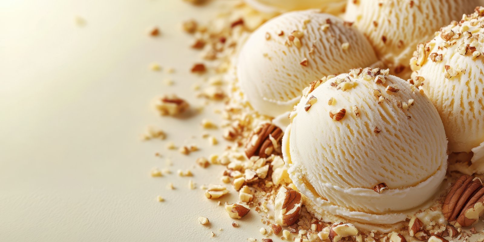 Creamy vanilla ice cream scoops with crunchy nuts and granola on a light surface